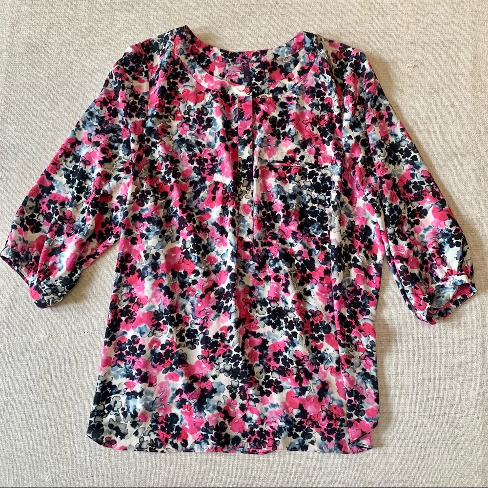 NYDJ flowy 3/4 sleeve black pink peasant top 1X